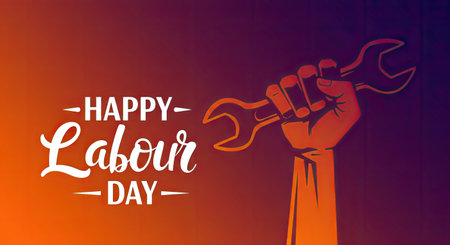 This May Day poster features a silhouette of a worker's fist holding a wrench symbolising labor power easily now. Includes a hand lettered Happy Labour Day message perfect for celebrating the first of May workers holiday graphic.の写真素材
