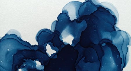 An evocative abstract image showing a cyanotype-style blue ink diffusion on white paper. The ink...