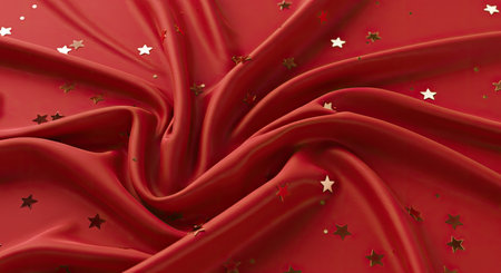 A luxurious background of deep red satin fabric. Soft, subtle folds add dimension, while a delicate Christmas star print enhances its festive appeal for holiday themed projects.の写真素材