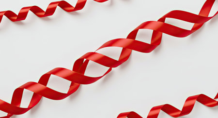Detail shot of a curving shiny red gift wrap ribbon. It flows smoothly across a plain, flat matte white background, perfect for minimalist holiday designs or product mockups.の写真素材