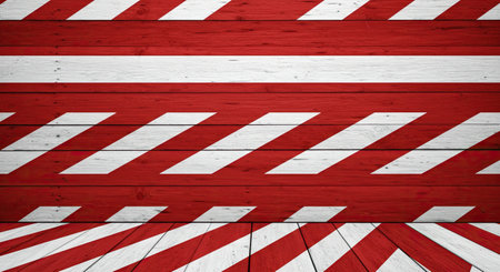 Wooden plank surface painted with cheerful white and red stripes for a festive look. Ideal Christmas or holiday themed wooden texture background.の写真素材
