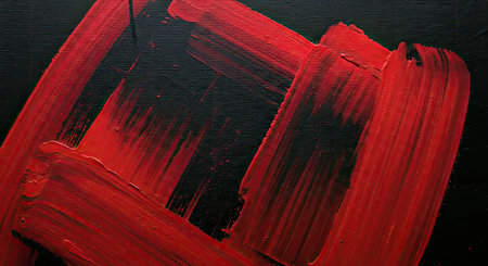 Striking blood red brushwork is detailed on a textured black canvas surface. This provides an...