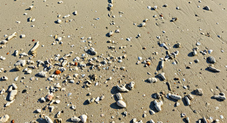 A natural beach texture features coarse sand, coral fragments, and miniature shell details. This...