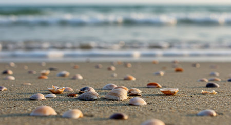 A clean, detailed close-up capturing natural seashells scattered randomly along the tide line. The focus is on the intricate beauty and variety of shells found on the beach shore.の写真素材