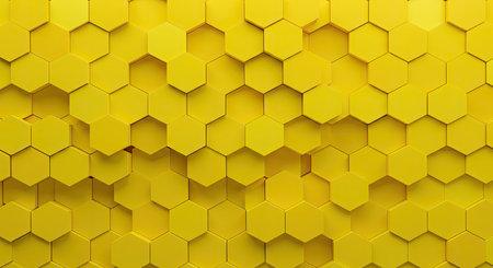 A geometric seamless honeycomb design presenting varying shades of yellow. Soft depth shadows lend a subtle visual texture and dimension to this modern repeating pattern background.の写真素材