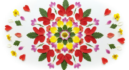 A beautifully intricate radial mandala design crafted solely from floral elements. Petals, leaves, and blossoms form this circular pattern, showcasing natural beauty and symmetry.の写真素材