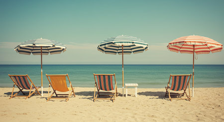 Transport yourself to a retro beach scene featuring classic striped umbrellas and beach chairs. This nostalgic composition evokes a vintage summer vacation feeling.の写真素材