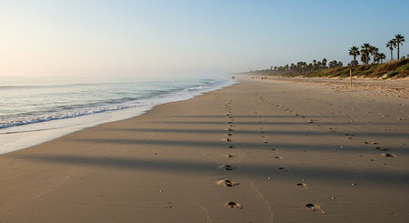 Capture the tranquility of an early morning beach with soft light and mist gently rising. The calm ocean adds to the serene atmosphere, creating a perfect peaceful natural scene.の写真素材