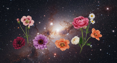 This unique surreal floral composition places vibrant flowers over a captivating galactic sky. The artistic arrangement blends natural beauty with cosmic wonder for a striking image.の写真素材