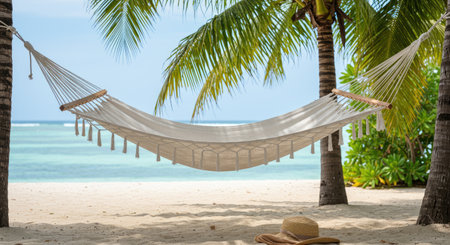 A classic white hammock is invitingly strung between two palm trees. The tranquil ocean stretches out in the background, creating a perfect scene of tropical relaxation and paradise. Imagine yourself unwinding in this idyllic setting.の写真素材
