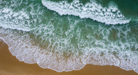 An aerial perspective captures powerful ocean waves crashing onto the shore. The water forms dynamic...