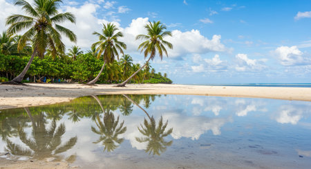 A stunning tropical beach featuring clear, still tide pools that perfectly reflect coconut palms and bright skies. This serene scene captures the beauty of a peaceful coastal paradise.の写真素材
