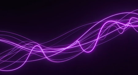 Experience vibrant curved neon light strokes in bright violet hues set against a deep dark purple...