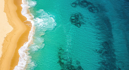 An artistic aerial image presents an abstract view of the beach. The sand and water form beautiful color layers, creating a unique and visually striking pattern from above. This perspective transforms the coastline into a work of art.の写真素材