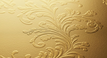 An elegant background featuring a luxurious embossed gold floral pattern pressed into soft satin...