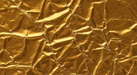 An abstract background featuring crumpled metallic gold foil. The wrinkles create dynamic shadows and texture, giving it a rich and luxurious feel. Perfect for holiday themes, celebrations, or opulent designs.の写真素材