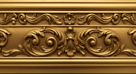 A close-up detail of decorative gold molding. The texture showcases intricate curls and floral motifs, highlighting the craftsmanship and luxurious quality. Perfect for themes related to elegance, history, or decorative arts.の写真素材