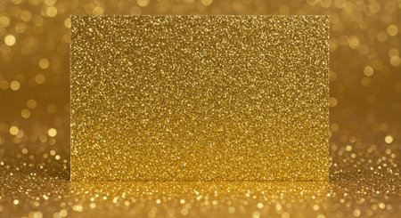 A creative texture featuring gold glitter-covered cardstock, with a soft blur applied to the foreground and sharp focus in the center area. This creates visual depth and sparkle.の写真素材