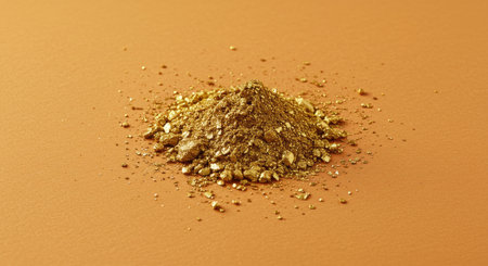 See subtle gold dust particles resting on a smooth matte background, softly illuminated to create a...