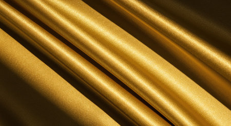 This image features a golden satin cloth texture, lightly folded to create soft light and shadow play. The luxurious material offers an elegant and shimmering background.の写真素材