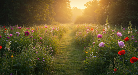 Experience the beauty of a charming cottage garden overflowing with peonies, foxgloves, and poppies. Bathed in warm golden morning sunlight, this whimsical scene highlights the vibrant colors and delicate blooms of these popular flowers. An idyllic representation of a perfect summer garden.の写真素材