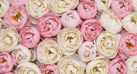 A delicate floral texture captured in a top-lit layer of beautiful peonies. The petals display lovely cream and blush tones, creating a soft and elegant visual.の写真素材