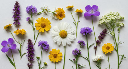 Featuring a natural wildflower blend, this background includes blue, yellow, and white field blossoms. It provides a beautiful and vibrant representation of a natural meadow.の写真素材