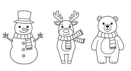 Snowman, reindeer and snowman. Vector illustration for coloring book.のイラスト素材