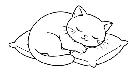 This peaceful coloring page features a cute kawaii cat sleeping soundly on a pillow. Perfect for children who love cats and cozy illustrations.のイラスト素材