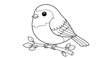 This sweet coloring page features a cute kawaii bird perched on a branch. Perfect for children who love birds and adorable animal illustrations.のイラスト素材
