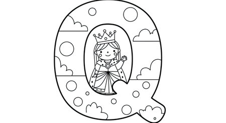 This educational coloring page features the letter Q alongside a royal queen illustration. Designed to help children learn the alphabet through fun coloring. A great way for young learners to recognize letters and associated concepts.のイラスト素材