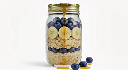 Creamy banana blueberry overnight oats stored in a convenient glass jarの写真素材