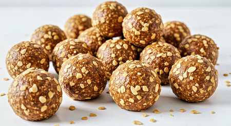 Healthy banana oat energy balls with tasty almond crumbs on whiteの写真素材