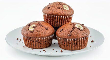 Delicious chocolate banana muffins with tempting cracked tops and chipsの写真素材