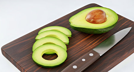 Freshly sliced avocado on a dark wooden cutting board
