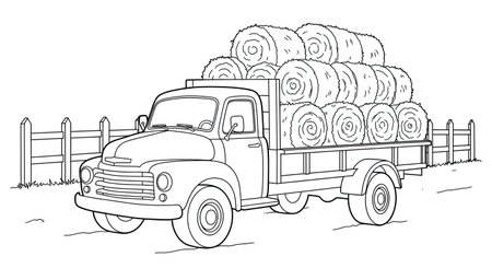 Fifties Farm Truck with Hay Bales Coloring Fun Page for Kidsのイラスト素材