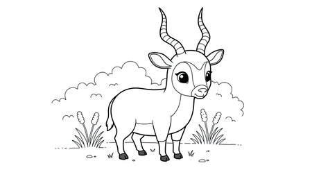 Cute Cartoon Friendly Addax Antelope Black White Coloring Sheet for Childrenのイラスト素材