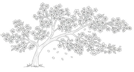 Sketch of apple tree with flowers and leaves. Vector illustration.のイラスト素材