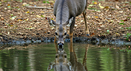 Essential Behavior Gray Brocket Deer Quenching Thirst at Small Forest Stream or Poolの写真素材