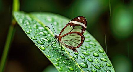 Delicate Glasswing Butterfly Perched on Wet Leaf During Gentle Tropical Rainforest Shower