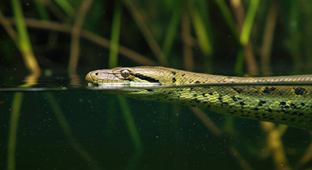 Green Anaconda Hidden Just Beneath Surface of Dark Murky Swamp Watersの写真素材