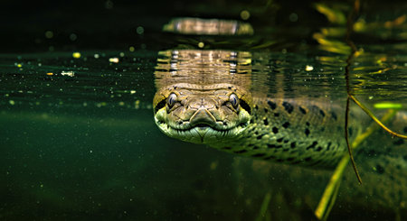 Large Green Anaconda Lurking Just Below Surface of Murky Swamp Waters