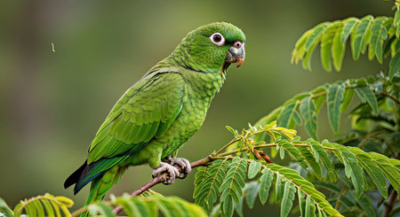 Green Cheeked Amazon Parrot Perched High on Tree Branch Surveying Surroundings
