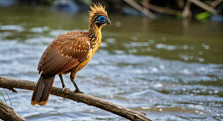 Hoatzin Bird Perched Along a Riverbank Highlighting Unique Appearance