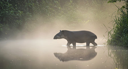 Lowland Tapir Wading Silently Through a Misty Jungle River at Dawnの写真素材
