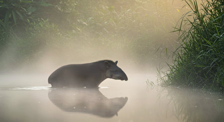 Misty Jungle River Scene With Lowland Tapir Wading at Dawnの写真素材