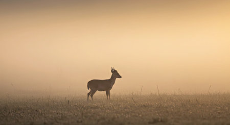 Small Muntjac Deer Silhouette Against Misty Forest Backdrop at Dawnの写真素材