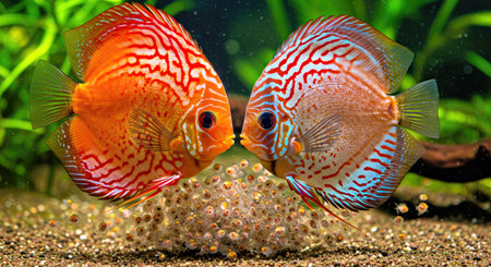 Discus Fish Pair Providing Parental Care for Delicate Offspring Fryの写真素材