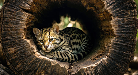 Margay Wild Cat Finding Shelter Resting Inside a Hollow Rainforest Logの写真素材