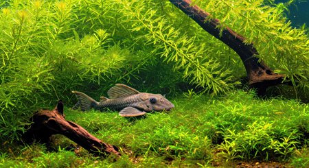 Environmental Pleco Image Partially Hidden in Lush Underwater Plantsの写真素材